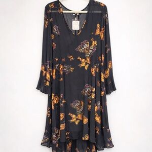 Free People Butterfly Print Sheer Midi Dress Boho Flowy Long Sleeve NWT